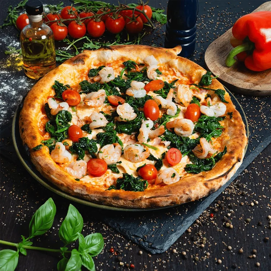 Pizza Gamberetti e spinaci